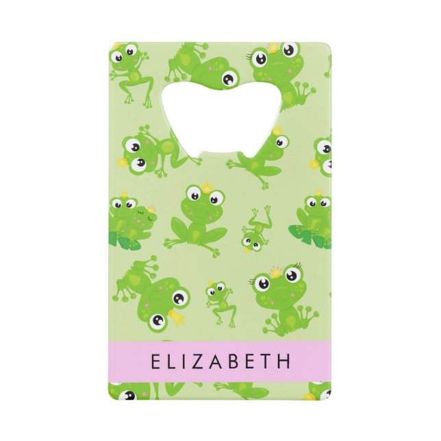 Frog Pattern, Green Frogs, Frog Prince, Your Name Credit Card Bottle Opener (Front)