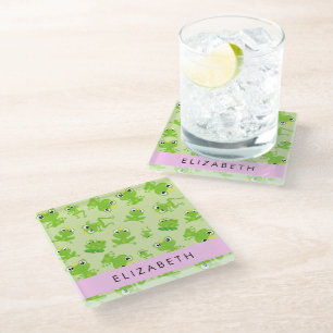 Frog Pattern, Green Frogs, Frog Prince, Your Name Glass Coaster