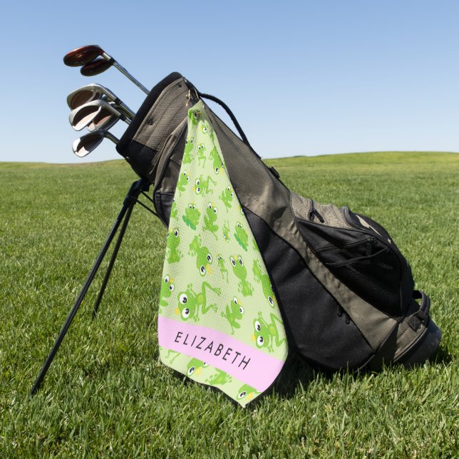 Frog Pattern, Green Frogs, Frog Prince, Your Name Golf Towel (Green)
