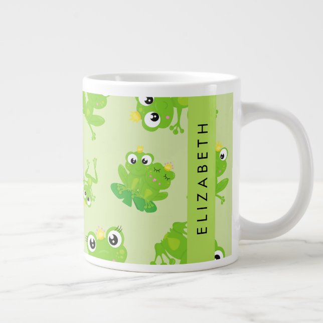 Frog Pattern, Green Frogs, Frog Prince, Your Name Large Coffee Mug (Right)