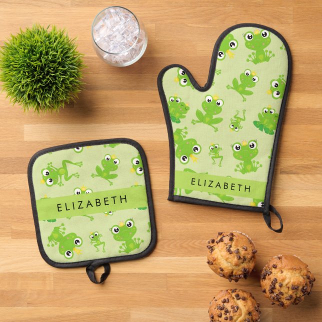 Frog Pattern, Green Frogs, Frog Prince, Your Name Oven Mitt & Pot Holder Set (Top Down)