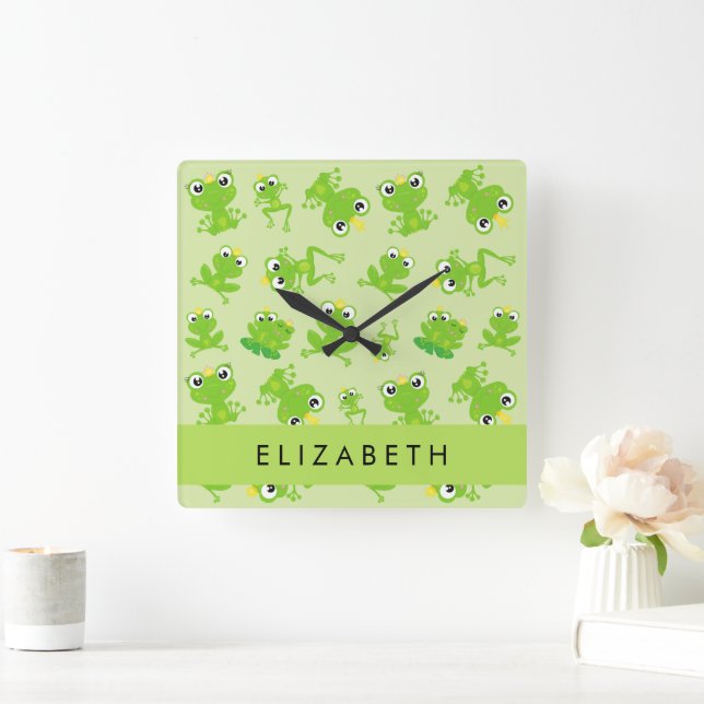 Frog Pattern, Green Frogs, Frog Prince, Your Name Square Wall Clock (Home)