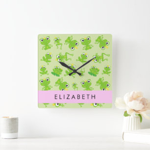 Frog Pattern, Green Frogs, Frog Prince, Your Name Square Wall Clock