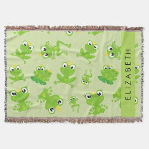 Frog Pattern, Green Frogs, Frog Prince, Your Name Throw Blanket