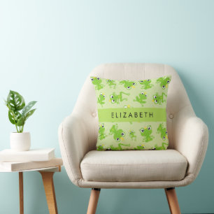 Frog Pattern, Green Frogs, Frog Prince, Your Name Throw Pillow