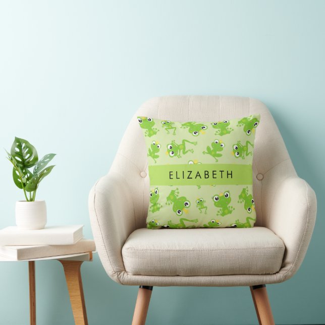 Frog Pattern, Green Frogs, Frog Prince, Your Name Throw Pillow (Chair)