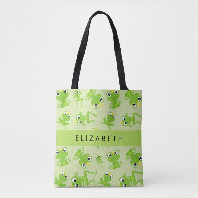 Frog Pattern, Green Frogs, Frog Prince, Your Name Tote Bag (Front)