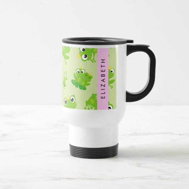 Frog Pattern, Green Frogs, Frog Prince, Your Name Travel Mug (Right)