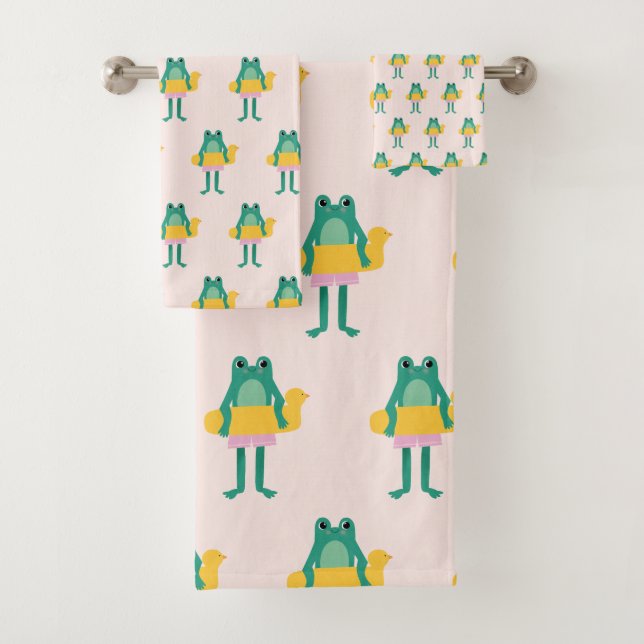 Frog Pattern Pink & Green Cute Kids Towel Set (Insitu)