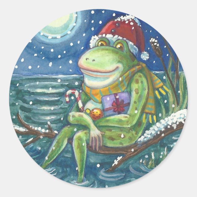 FROG PÈRE NOËL ON LOG, VACANCES NOËL STICKERS Rnd (Devant)