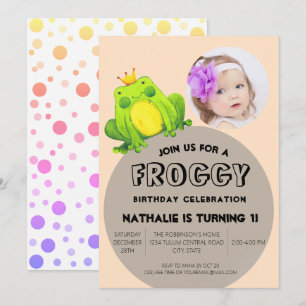 Frog Photo Birthday Pink 1st Party Cute Polka Dots Invitation