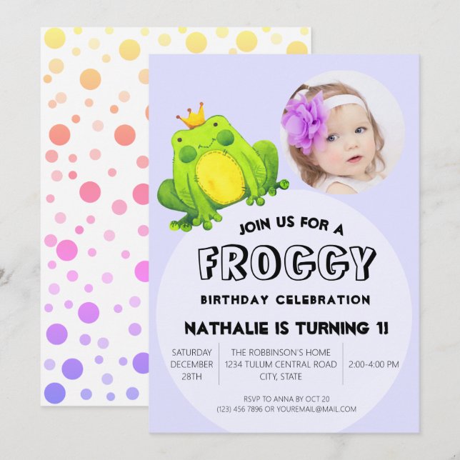 Frog Photo Birthday Pink 1st Party Cute Polka Dots Invitation (Front/Back)