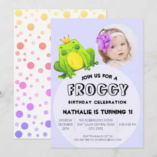 Frog Photo Birthday Pink 1st Party Cute Polka Dots Invitation