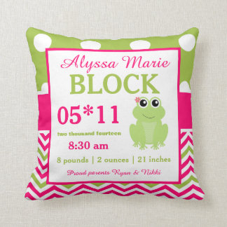 Frog Pink Green Baby Announcement Pillow