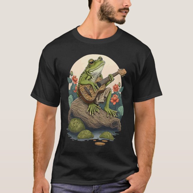 Frog Playing Guitar  Frog Banjo On Log Aesthetic F T-Shirt (Front)