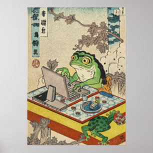 Frog Playing Pc Games, Ukiyo-e Frog Art, Frog  Poster