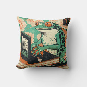 Frog Playing Pc Games, Ukiyo-e Frog Art, Frog  Throw Pillow