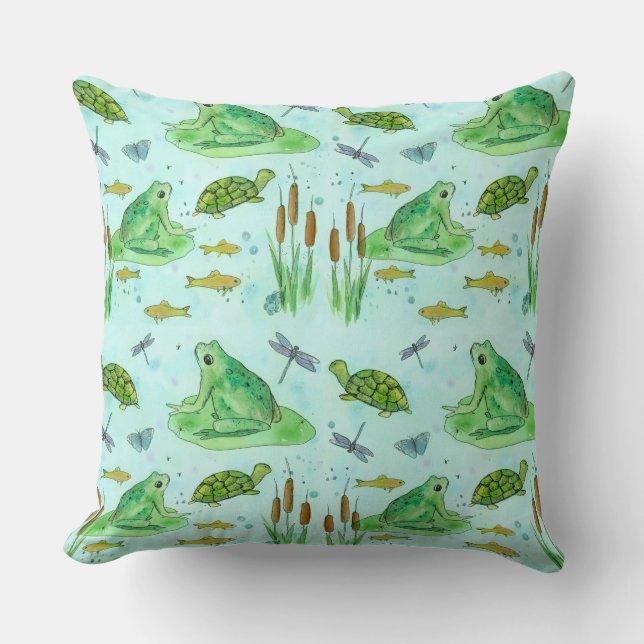 Frog Pond Goldfish Turtles Dragonfly Green Throw Pillow (Front)