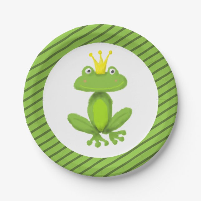 Frog Prince Fairy Tale Green Stripe Cute Funny Paper Plate (Front)