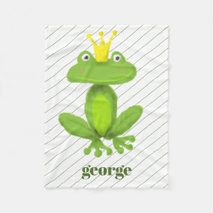Frog Prince Green Gold Crown Custom Name Gift Fleece Blanket