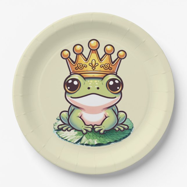Frog Prince in Gold Crown Baby Shower Birthday Paper Plate (Front)