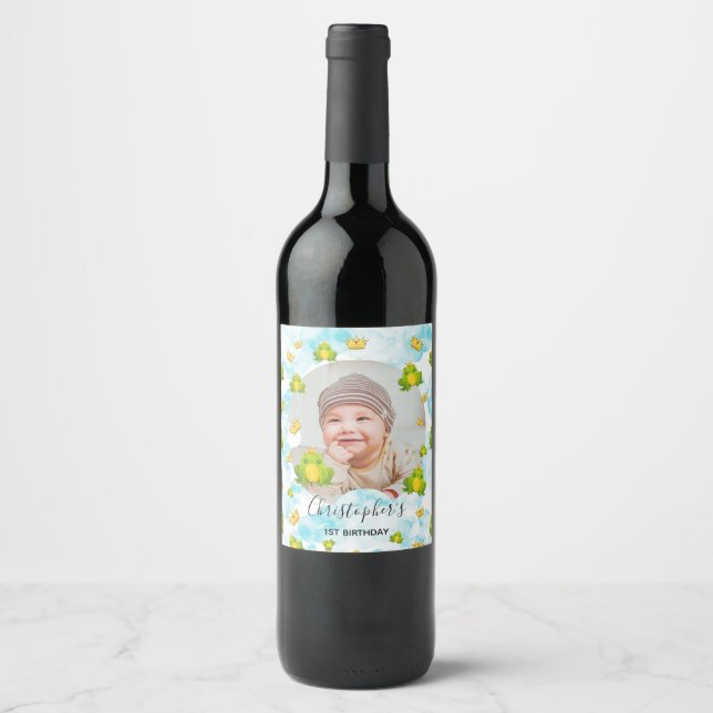 Frog Prince Kids Birthday party Wine Label (Front)