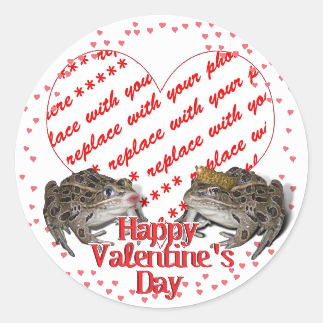 Frog Prince & Kissing Frog Valentine Photo Frame Classic Round Sticker (Front)