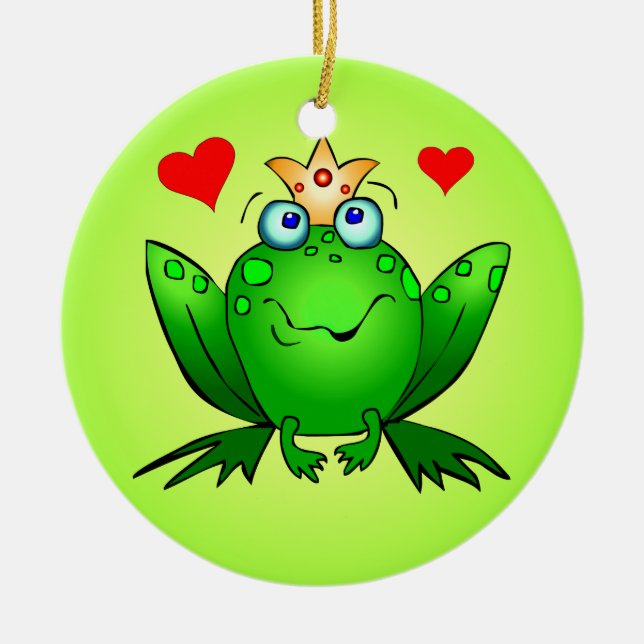 Frog Prince Princess Cartoon Frogs Hearts Green Ceramic Ornament (Front)