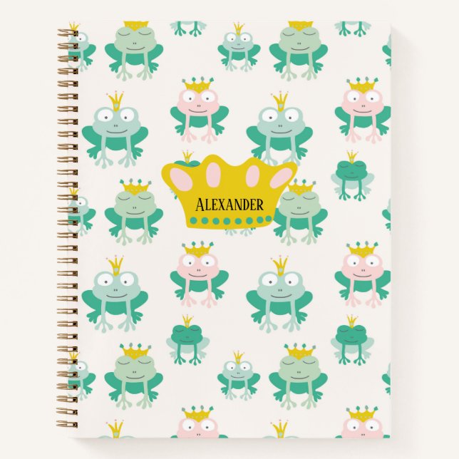Frog prince princess green pink crown personalize notebook (Front)