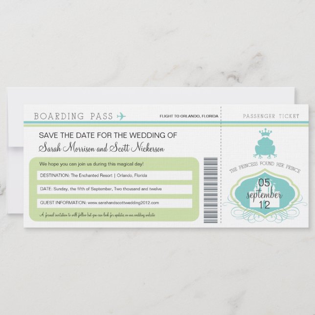 Frog Prince Save the Date Boarding Pass (Front)