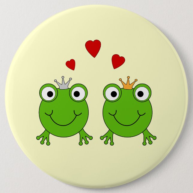 Frog Princess and Frog Prince, with hearts. 6 Inch Round Button (Front)