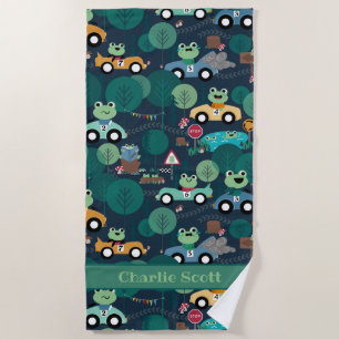 Frog Race Car Drivers Kids Personalized Beach Towel