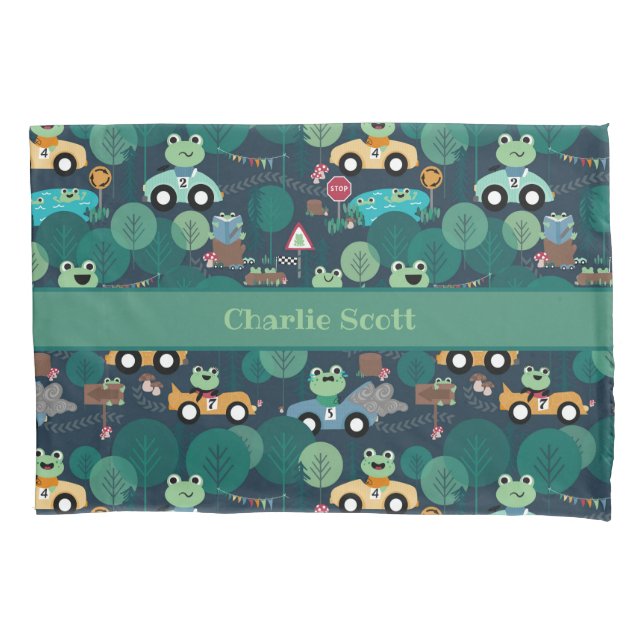 Frog Race Car Drivers Kids Personalized Pillowcase (Front)