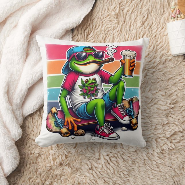 Frog ready to party with a drink on a skateboard throw pillow (Blanket)