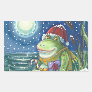 FROG SANTA ON LOG, HOLLIDAY CHRISTMAS STICKERS Rec