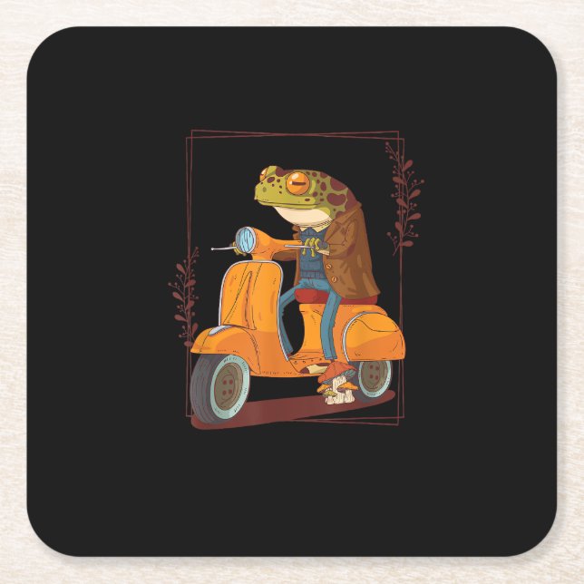 Frog  Scooter Mushroom Goblincore Academia Aesthet Square Paper Coaster (Front)