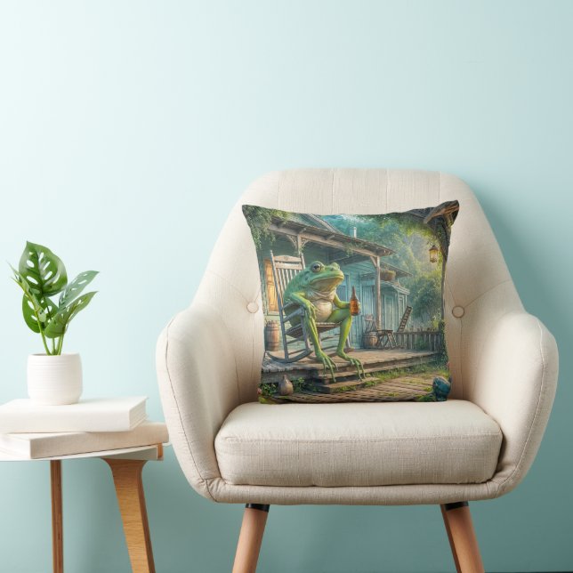 Frog Sitting In A Rocking Chair Throw Pillow (Chair)