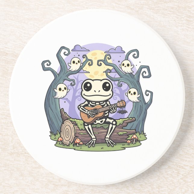 Frog Skeleton Playing Ukulele with Ghosts Coaster (Front)