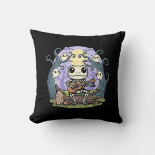 Frog Skeleton Playing Ukulele with Ghosts Throw Pillow