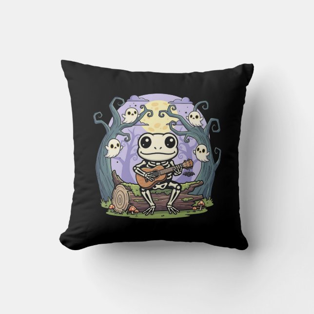 Frog Skeleton Playing Ukulele with Ghosts Throw Pillow (Front)
