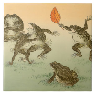 Frog Sumō Vintage Amphibians by Ohara Koson Tile