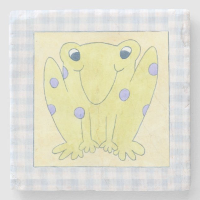 Frog Trio on Gingham Cloth Stone Coaster (Front)