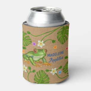 Frog Tropical Leaves Flowers   Personalized Name Can Cooler