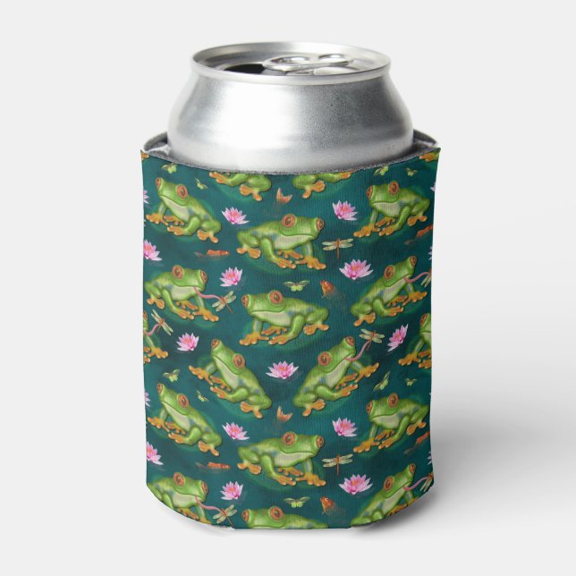 Frog Tropical Lily Pad Dragonfly Fish Pond Pattern Can Cooler (Can Front)