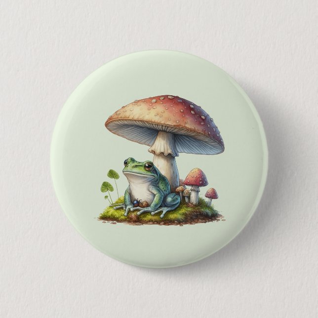 Frog Under a Mushroom Cute Nature 2 Inch Round Button (Front)