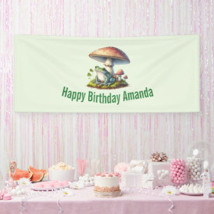 Frog Under a Mushroom Cute Nature Birthday Banner