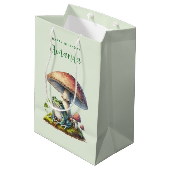 Frog Under a Mushroom Cute Nature Birthday Medium Gift Bag (Back Angled)