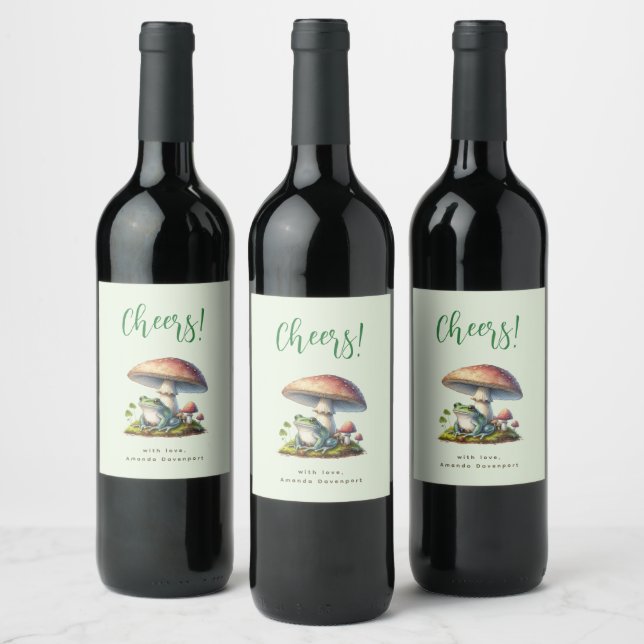 Frog Under a Mushroom Cute Nature Cheers Wine Label (Bottles)