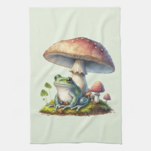 Frog Under a Mushroom Cute Nature Kitchen Towel