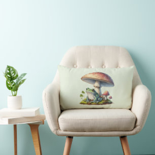 Frog Under a Mushroom Cute Nature Lumbar Pillow